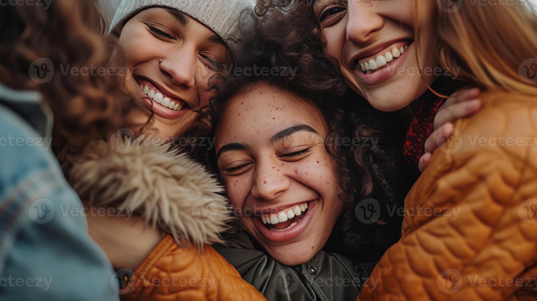 AI generated happy moment with friends group of woman hugging and laughing photo