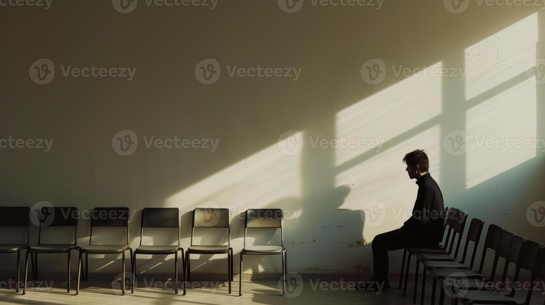 AI generated depression man sitting alone in a white room white walls and row of empty chairs photo