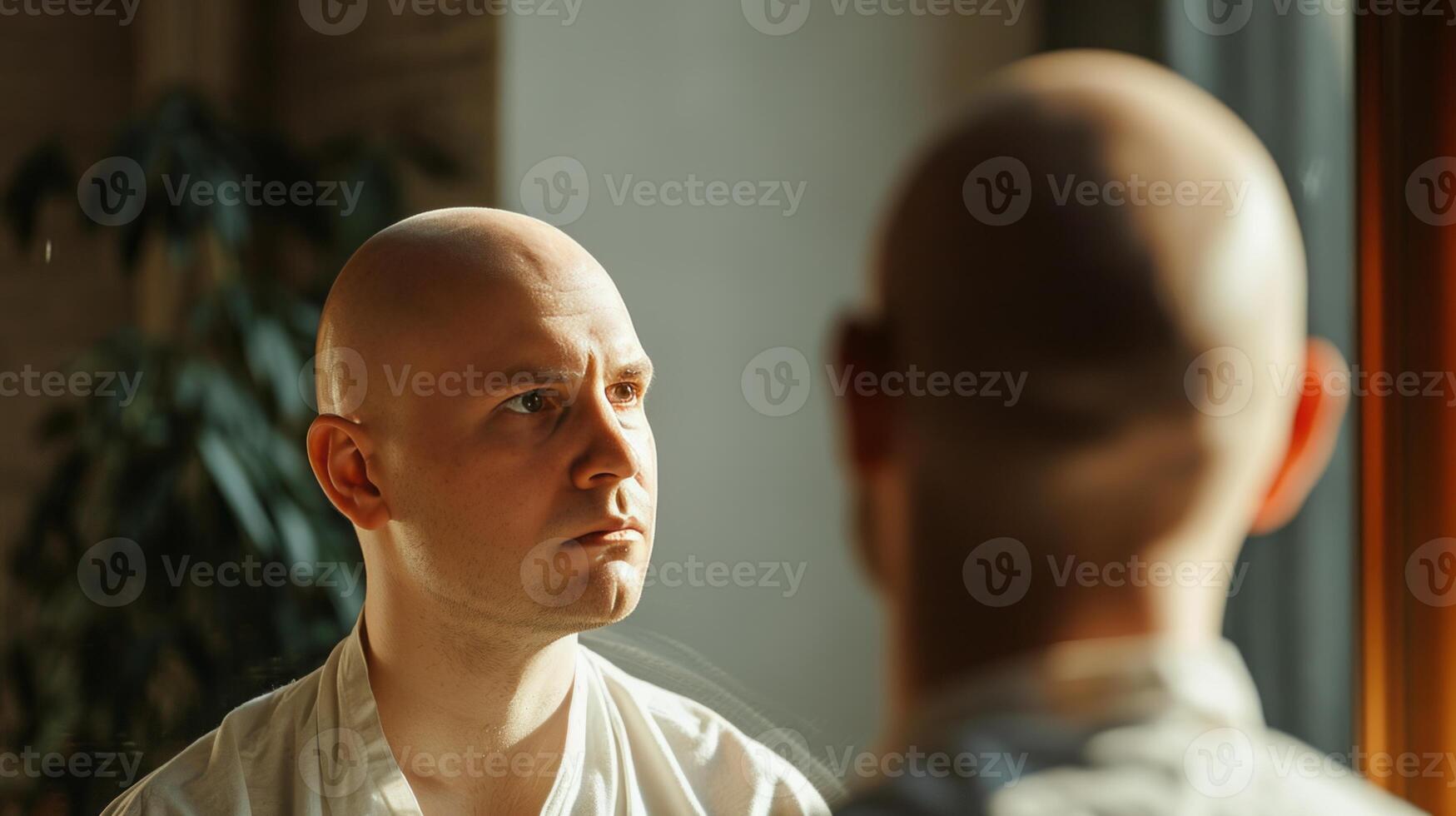 AI generated Men hair loss in early 20s a young man confidently facing the mirror focusing on bald head photo