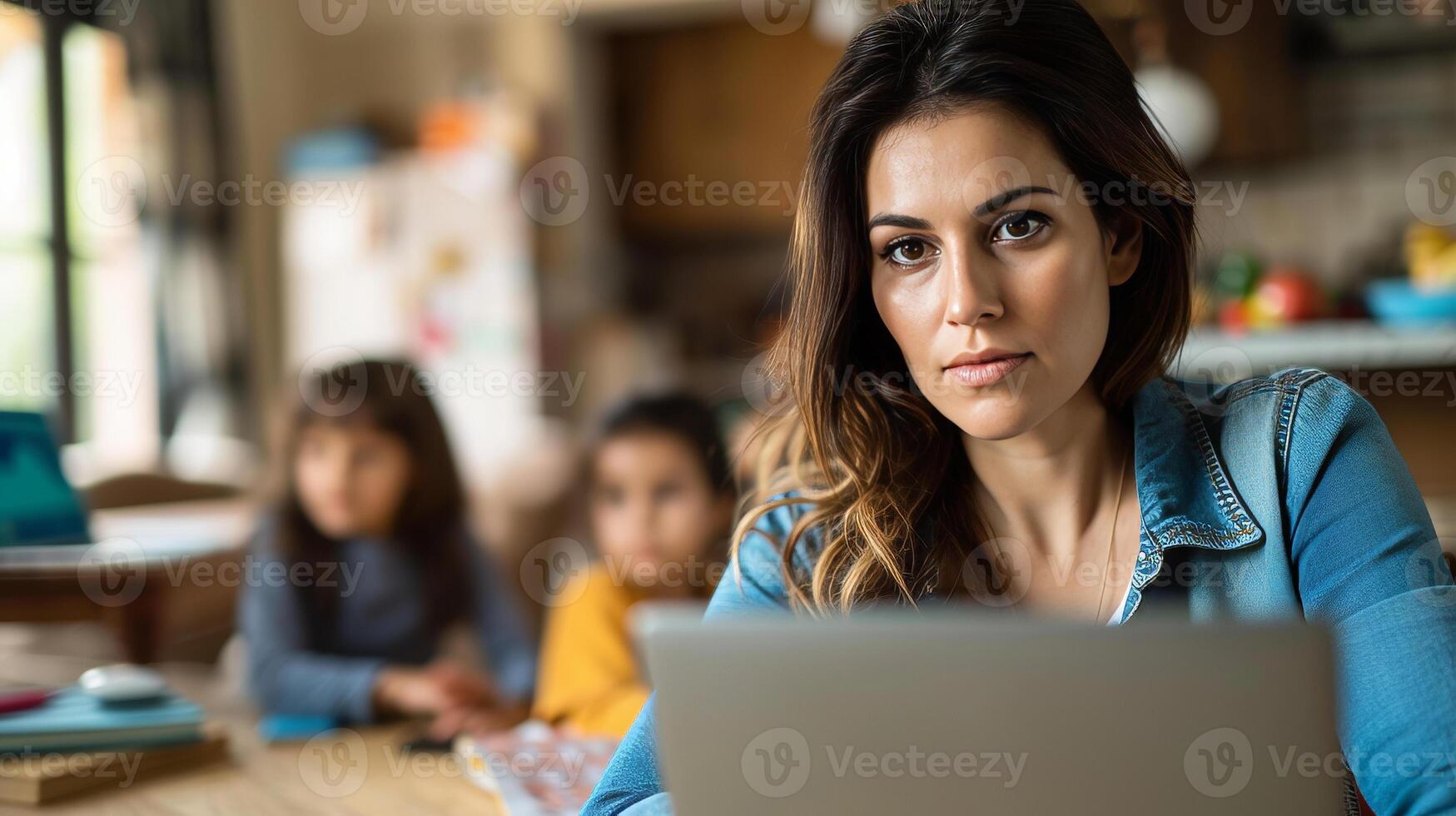 AI generated A single mom work on her laptop while children in the background work and family photo