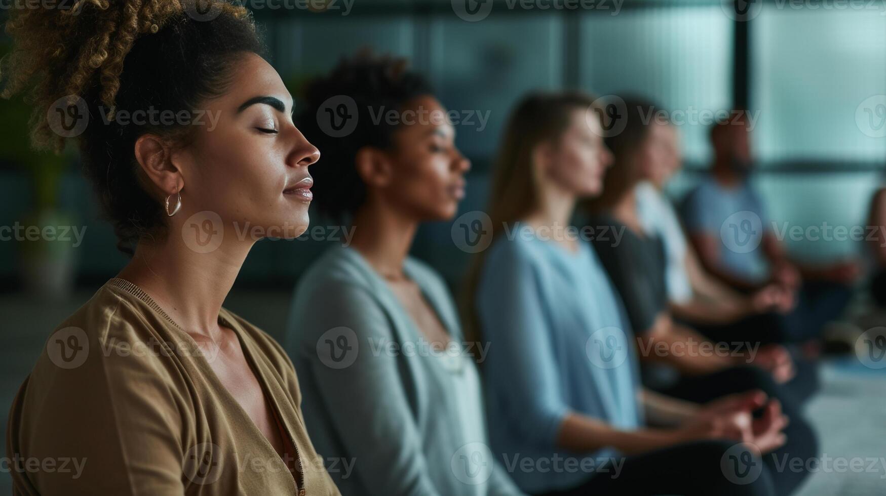 AI generated a group of colleagues in a meditation in a modern office stress relief environment photo