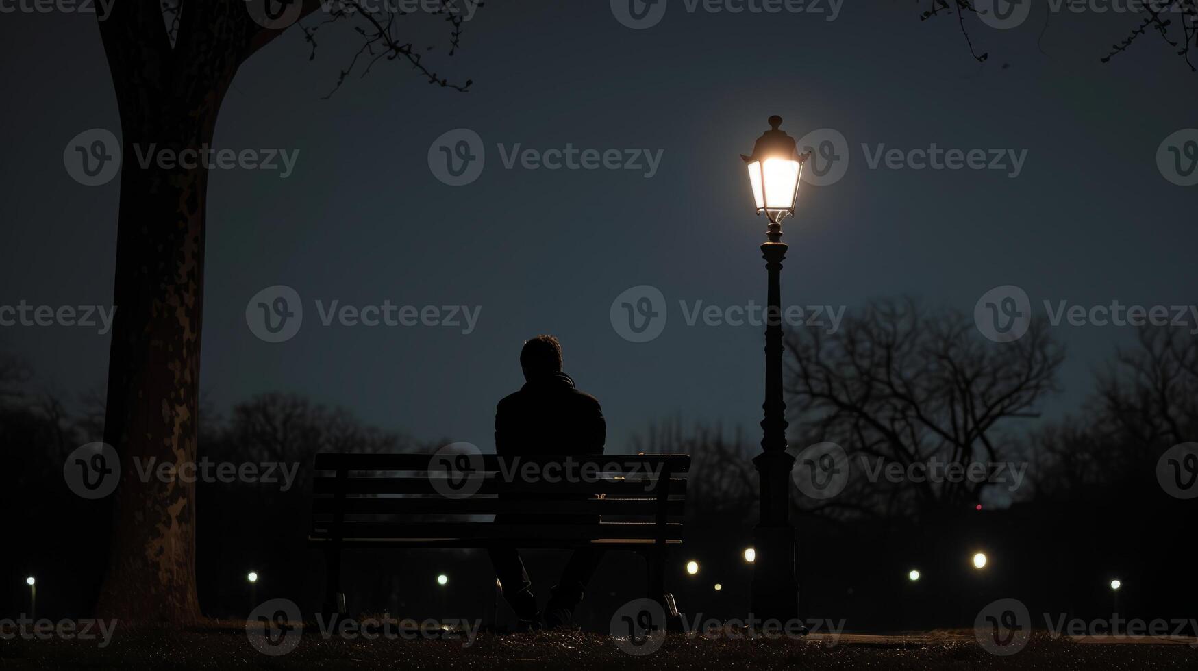 AI generated A depression man sits alone on a park bench at night with nearby street lamp. photo