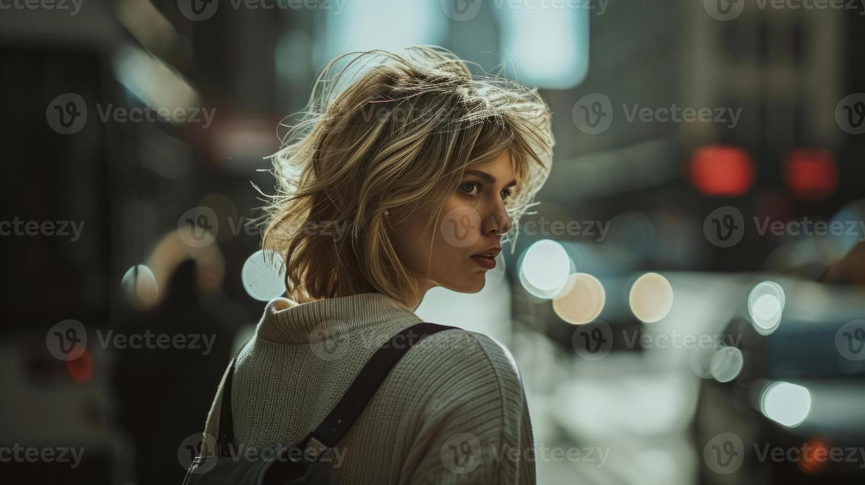AI generated a woman confidently walking in a busy city street hair in a chic short style. photo