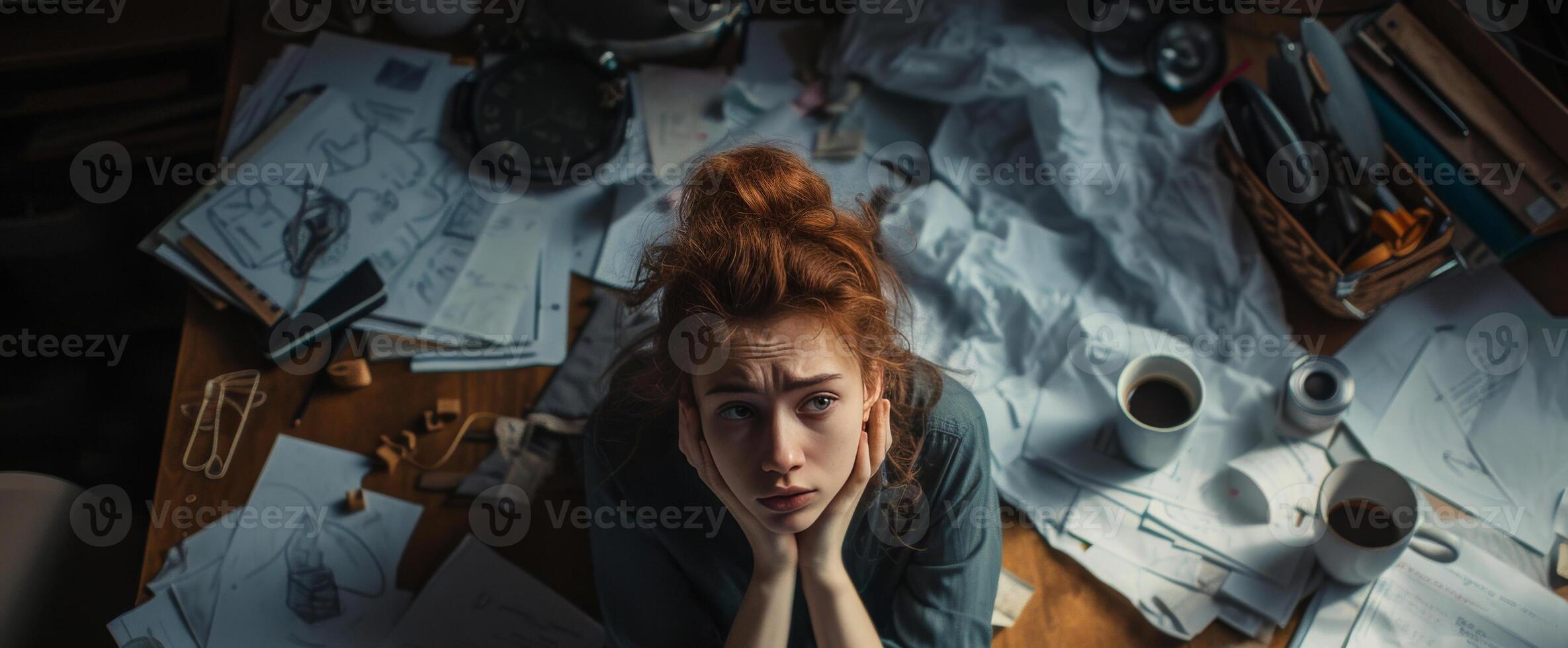 AI generated Work overload freelancer woman working from home with multiple project burnout photo