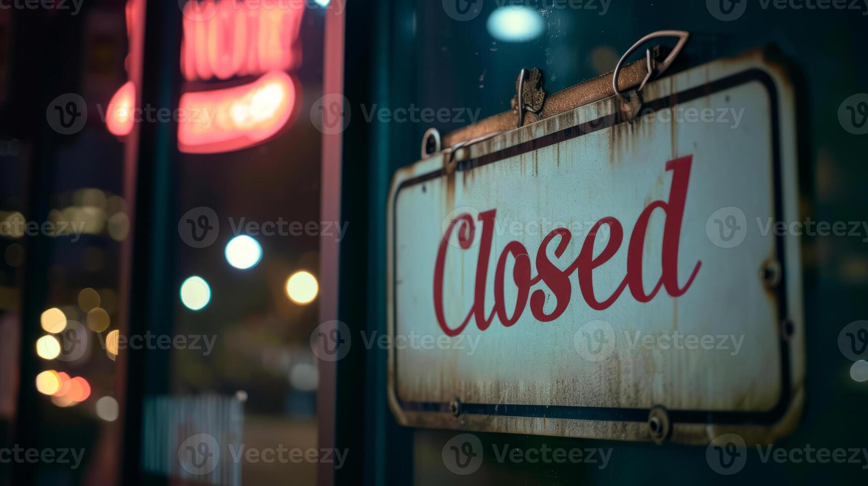 AI generated A Closed sign on a door at night with city lights and a neon sign. photo