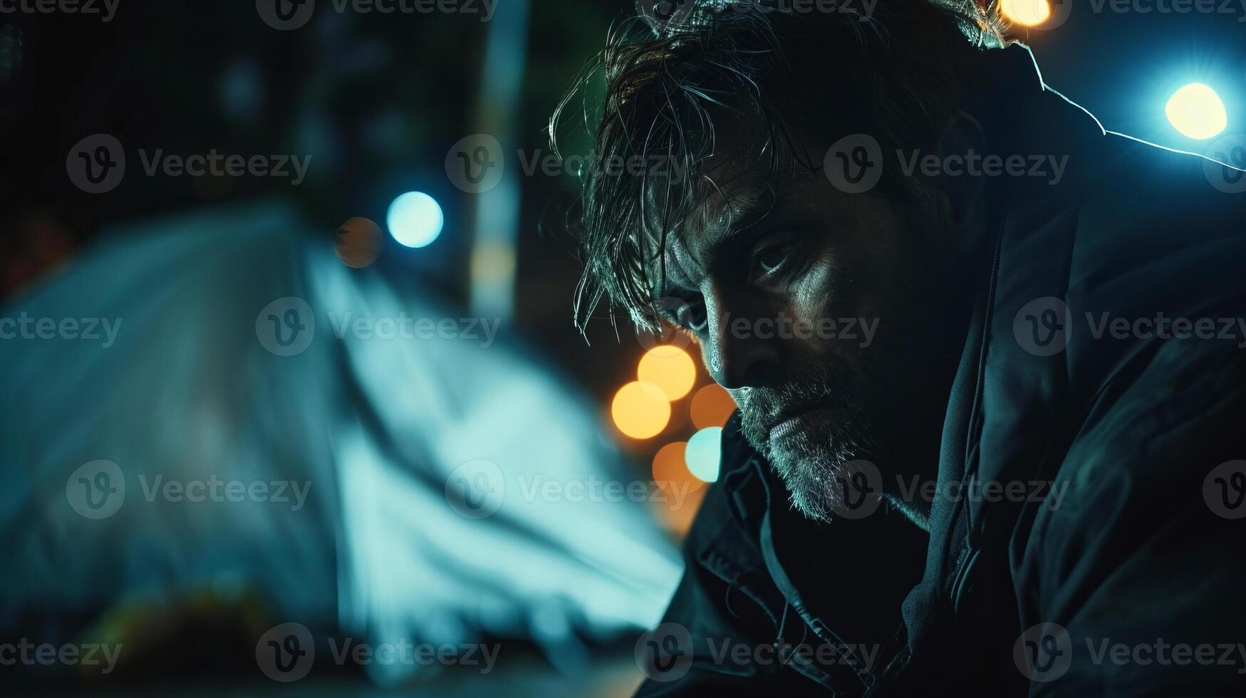 AI generated A homeless man in despair at night hardship of job cuts. photo