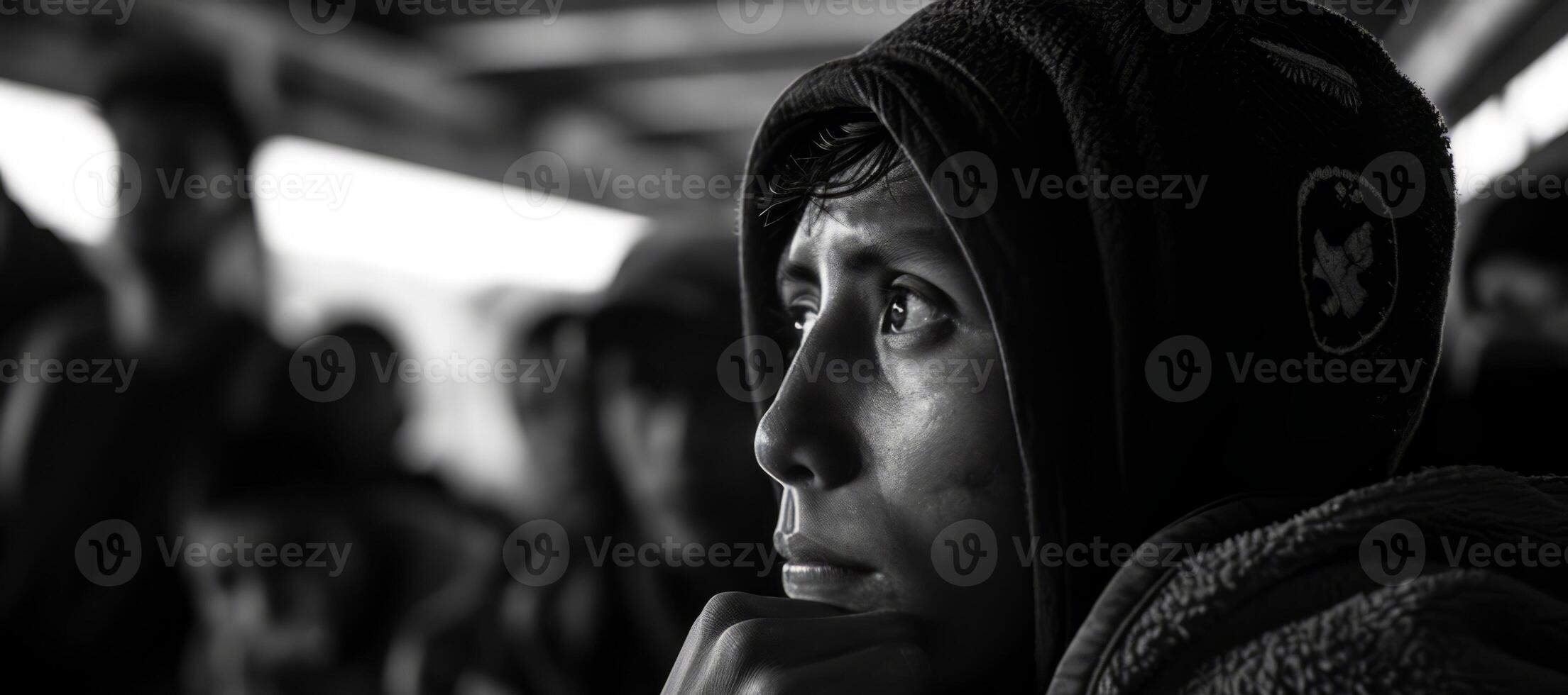 AI generated A group of immigrants people waiting at a border checkpoint in a monochrome tone photo