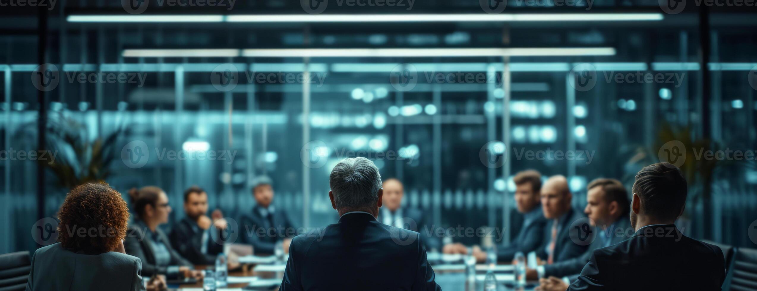 AI generated serious meeting discussing job cuts in a business environment. photo