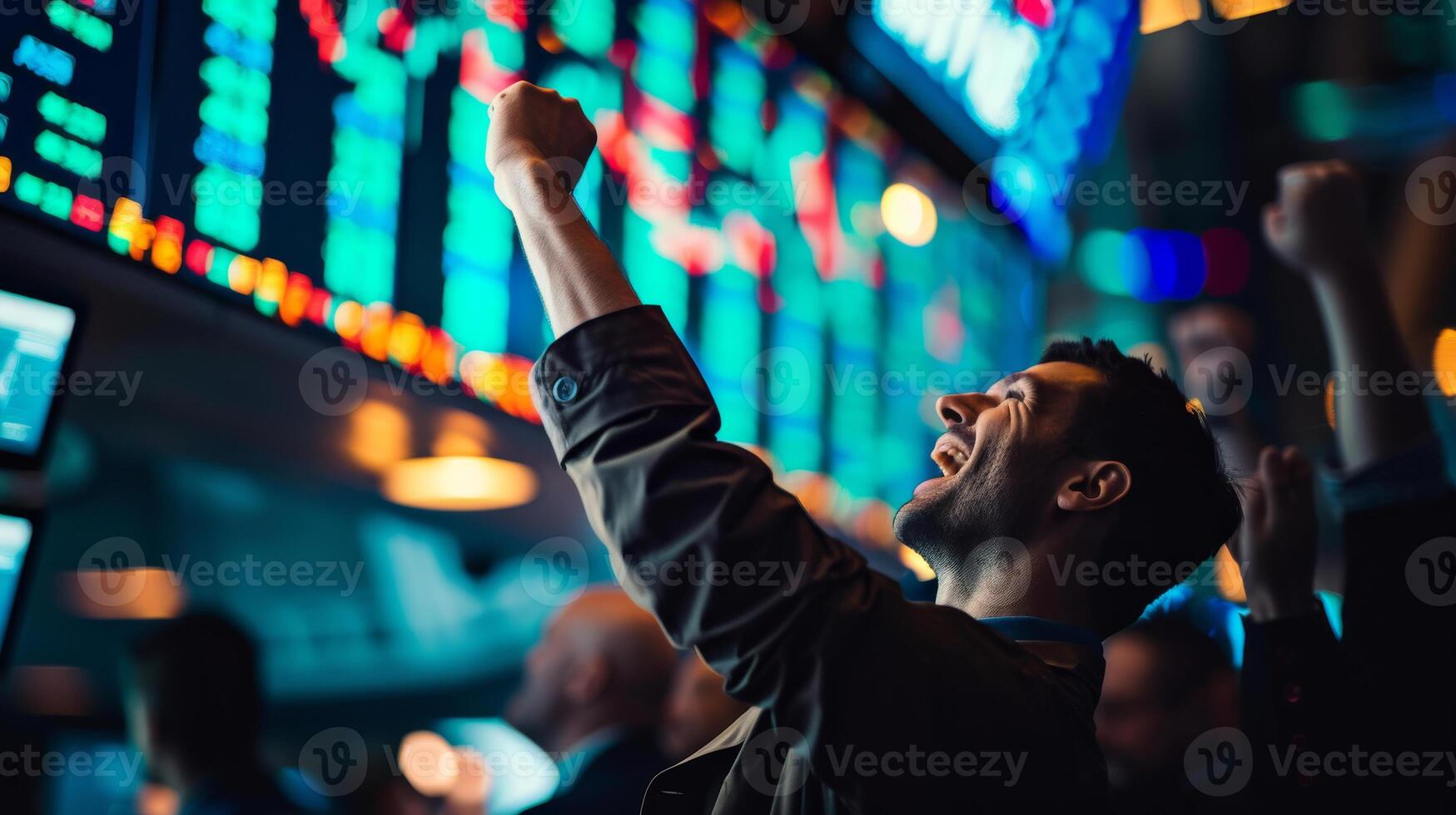 AI generated Successful Trader Celebrating on a Busy Trading Floor with Screens and Charts. photo