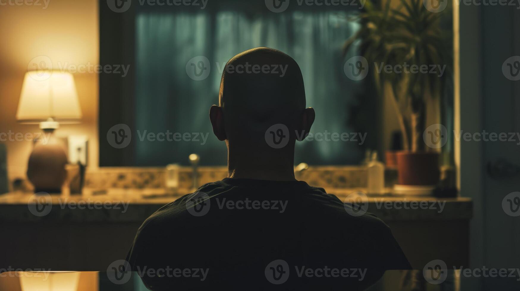 AI generated a bald man sitting in front of a mirror in a dark room photo