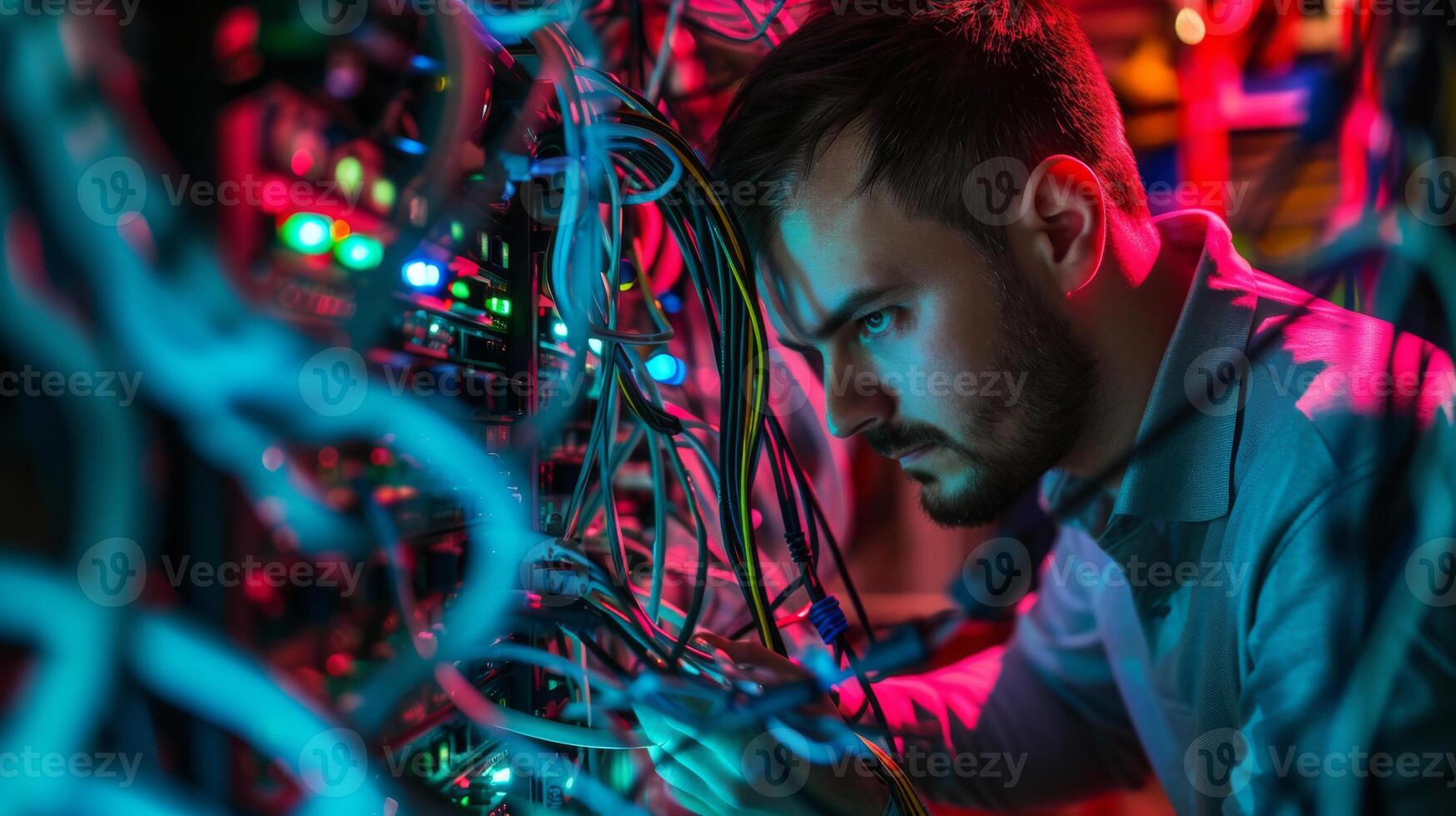 AI generated Work overload IT support troubleshooting  in server room with blinking light and cables photo