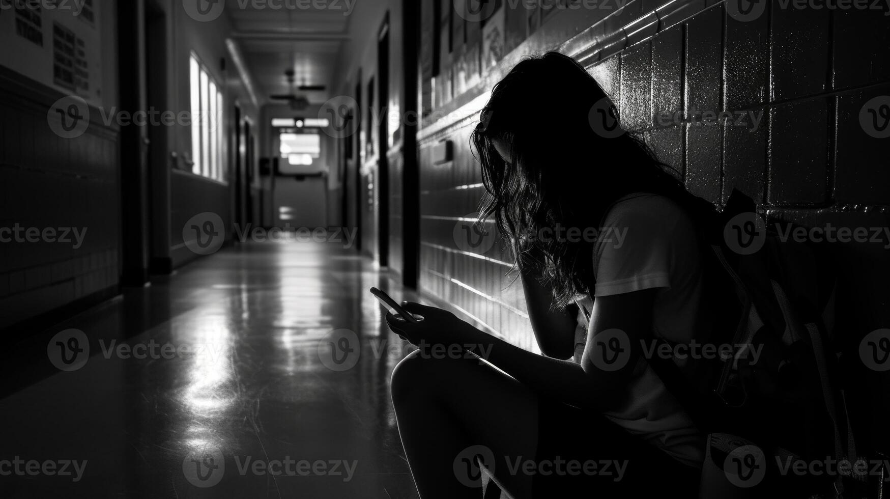 AI generated a woman student look over her phone in school hallway experiencing cyberbullying messages online. photo
