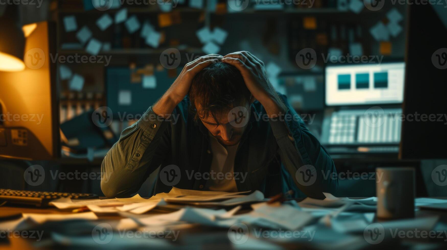 AI generated A Trader with a Headache and a Desk Full of Computer Screens and Documents. photo