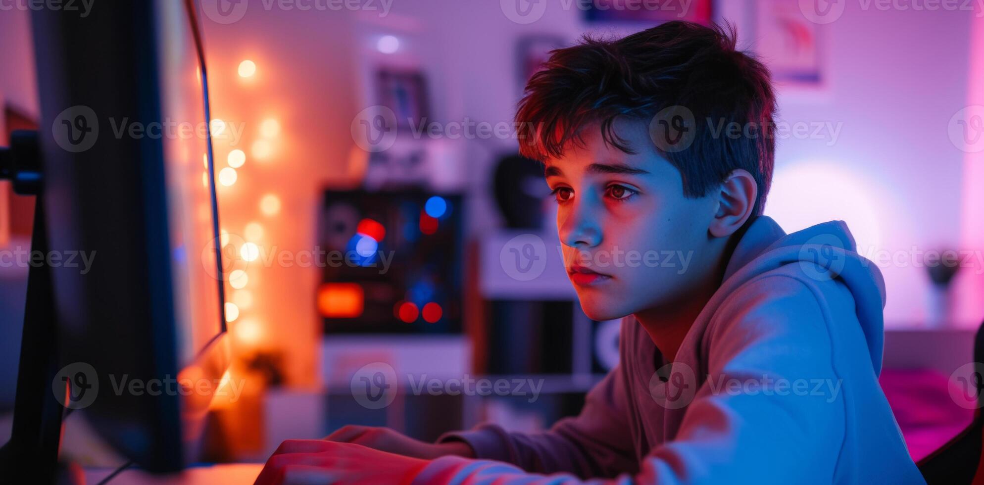 AI generated cyberbully in teenage boy staring at computer screen with sadness photo