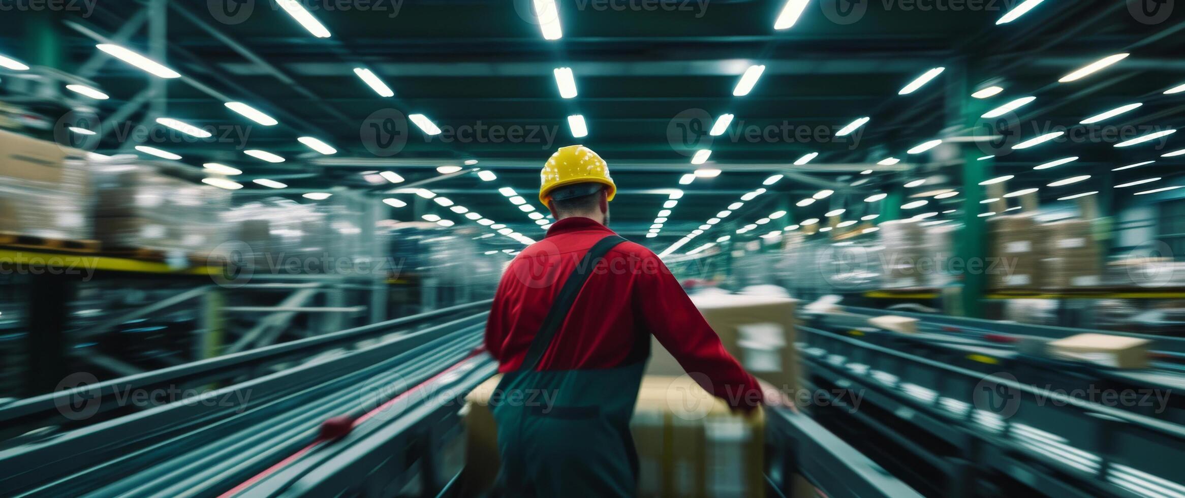 AI generated Work overload factory worker on assembly line conveyor belts moving with production demand photo