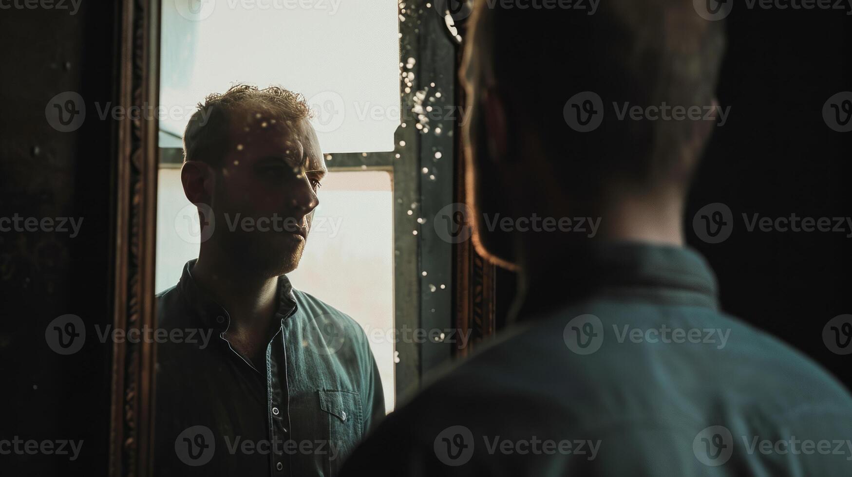 ai generado hombres pelo pérdida en temprano 20s un joven hombre mirando a reflexión en un Clásico espejo foto