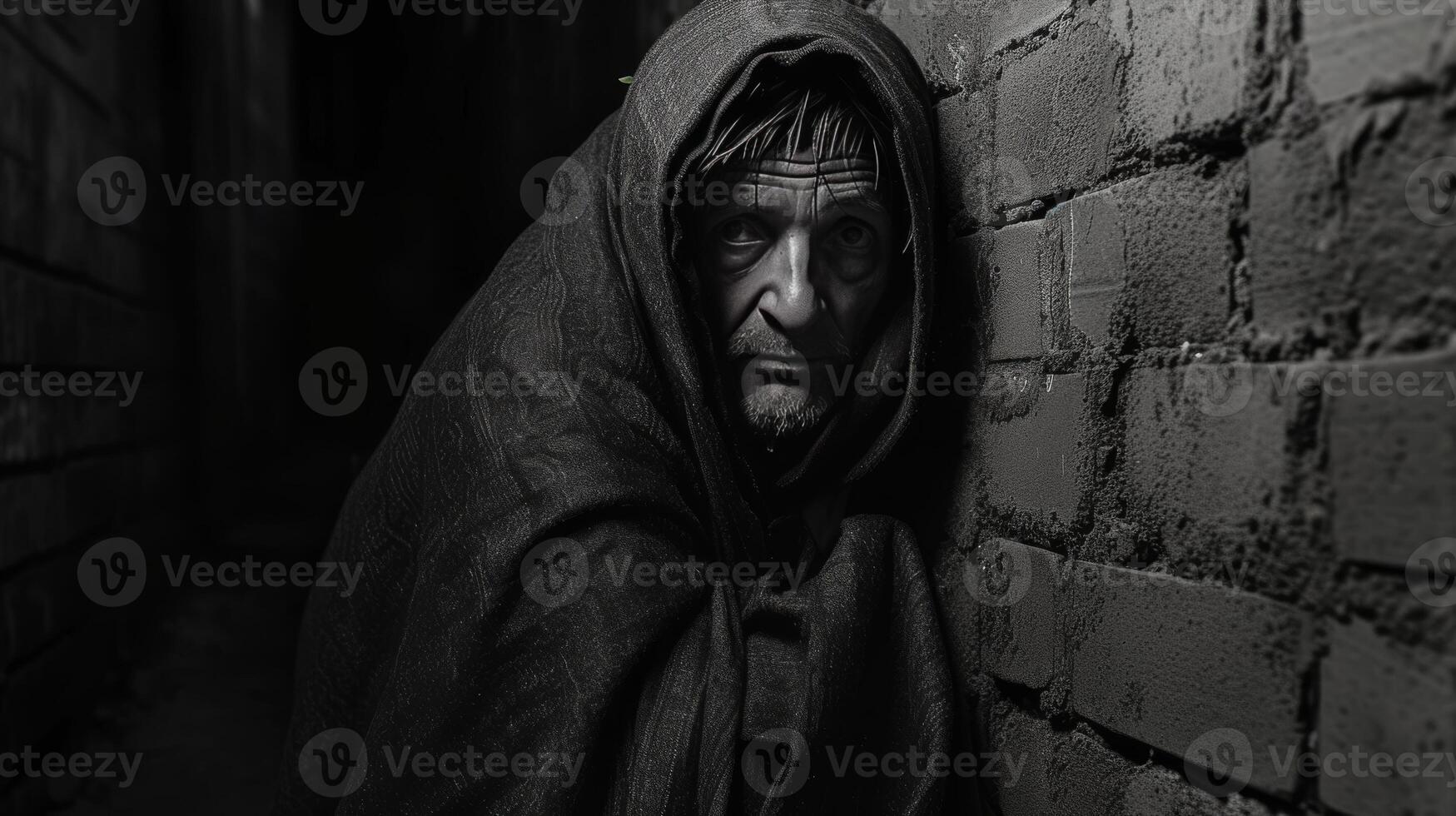 AI generated Poverty and Rejection A Homeless old man Wrapped in a Blanket in a Dark Alley. photo