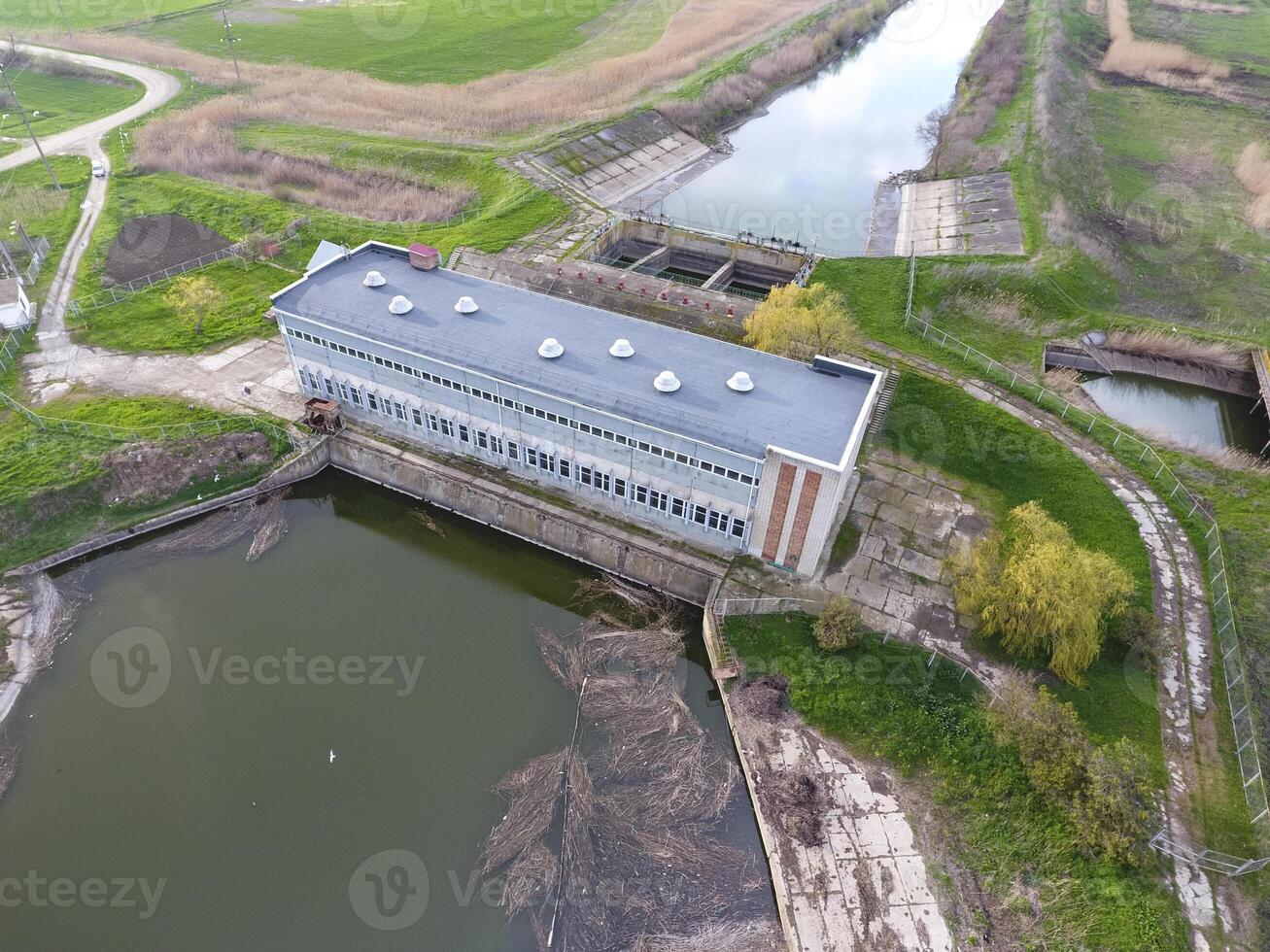 Water pumping station of irrigation system of rice fields. View photo