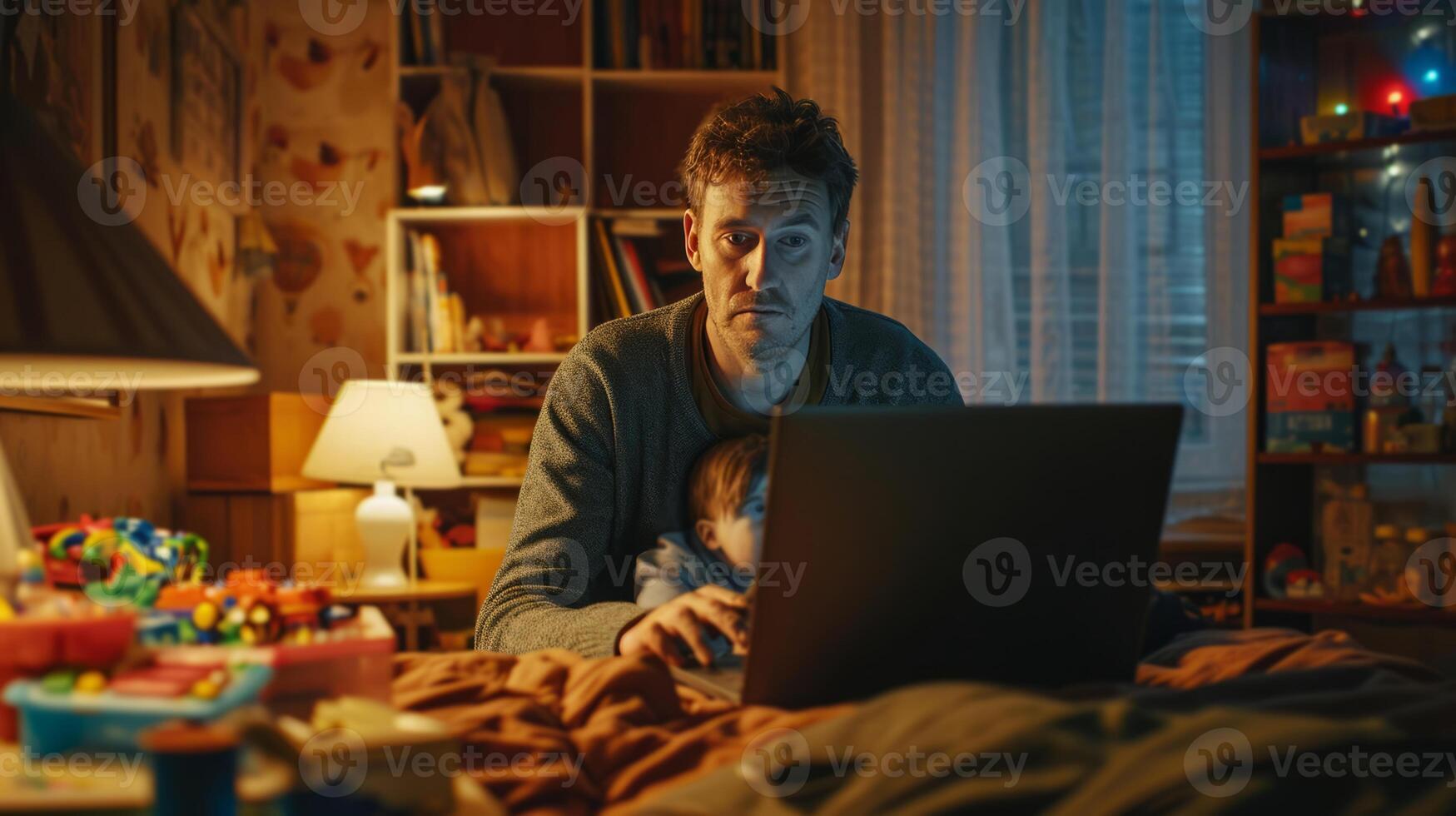 AI generated An unemployed father finding a job online with a child on his lap. photo