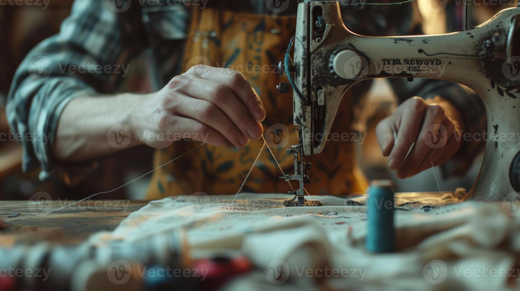 AI generated a hand mending a torn garment with a sewing machine thread and fabric scraps. photo