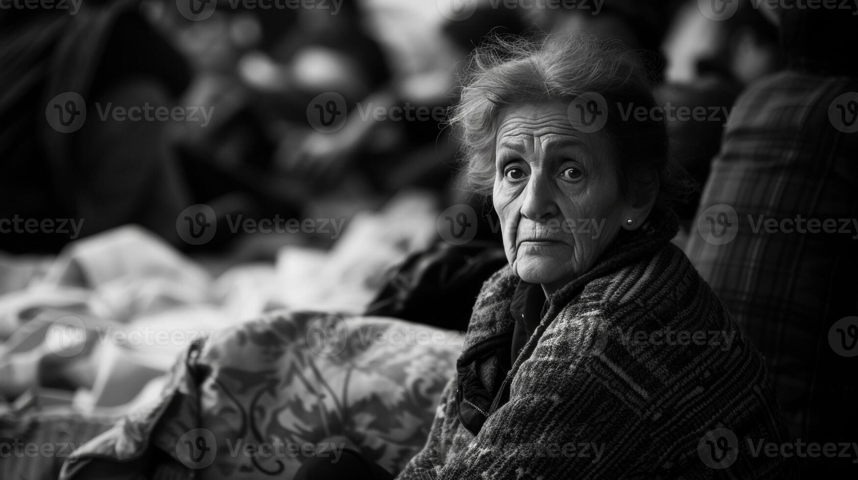 AI generated Aging Society  grayscale tone old woman sitting in homeless shelter surround by people photo