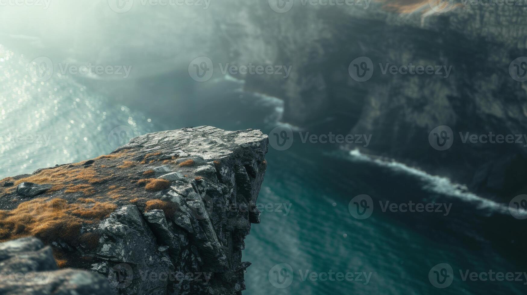 AI generated cliff edge with deep blue ocean with waves Standing empty on top of a mountain view photo