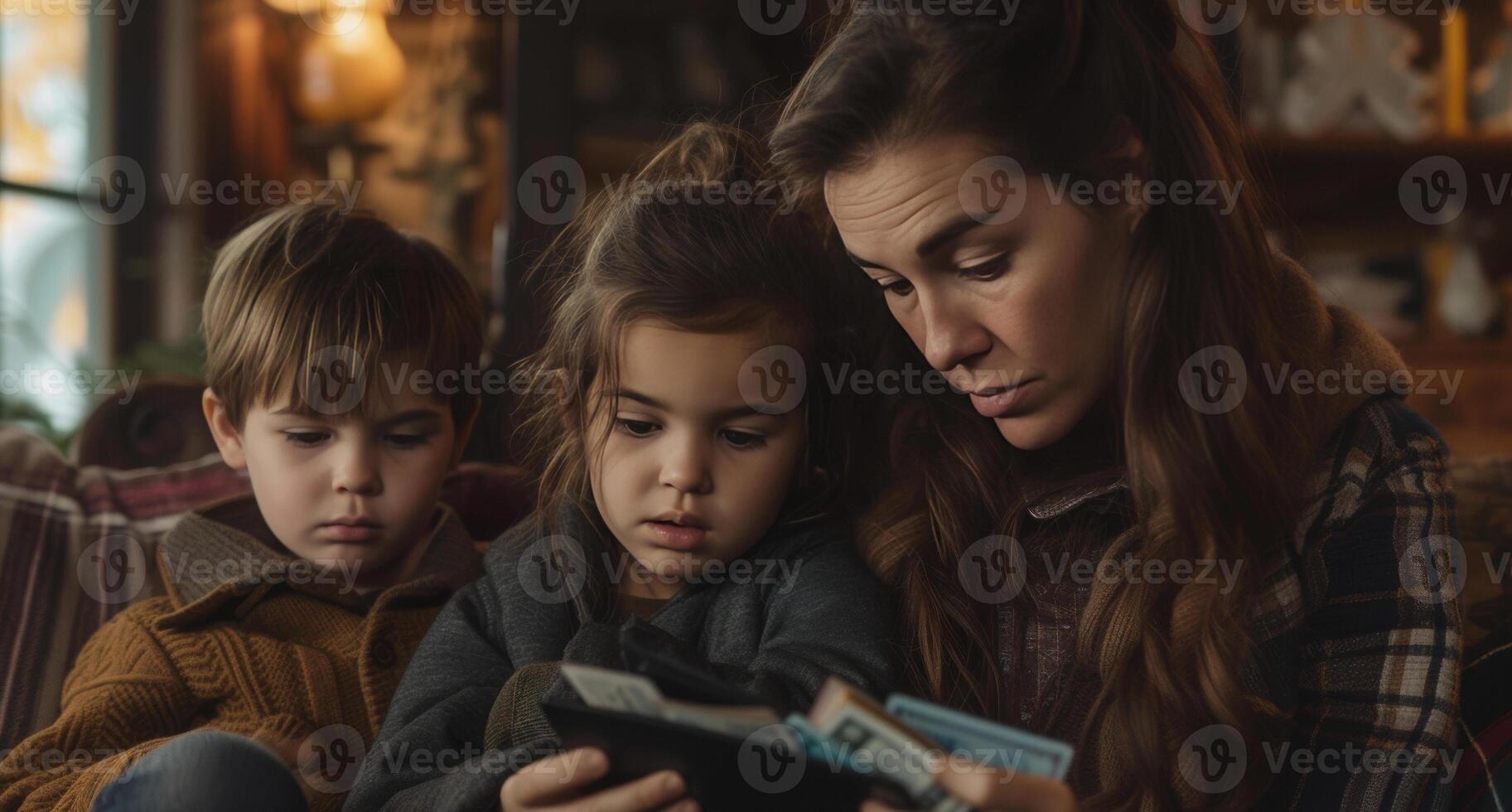 AI generated Stress single mom checks empty wallet with two children nearby photo