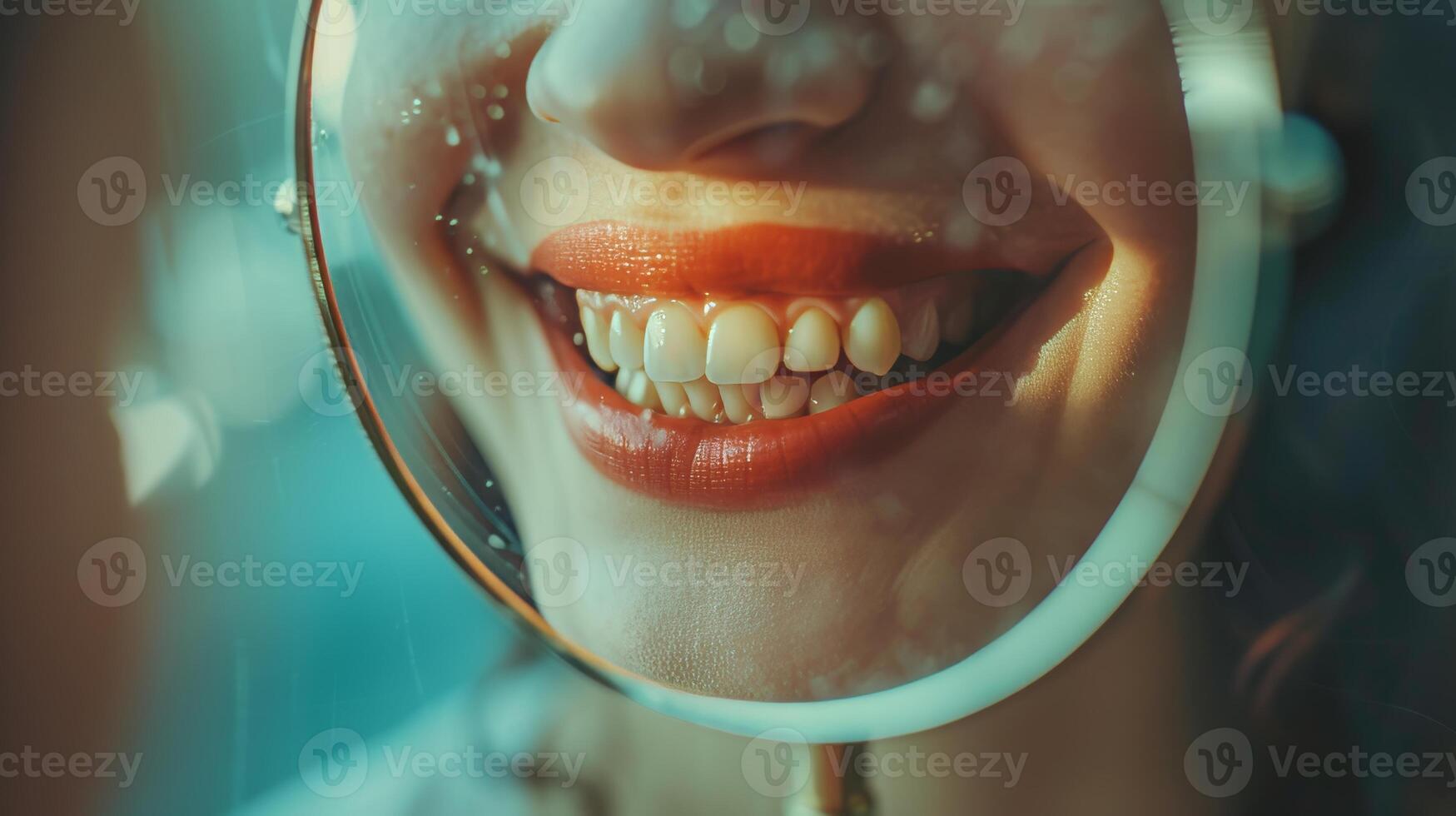 AI generated healthy smile woman reflecting in a mirror with perfect white teeth and lipstick photo