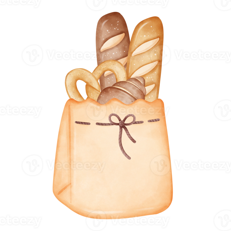 Illustration of a bakery set packaged in a paper bag png
