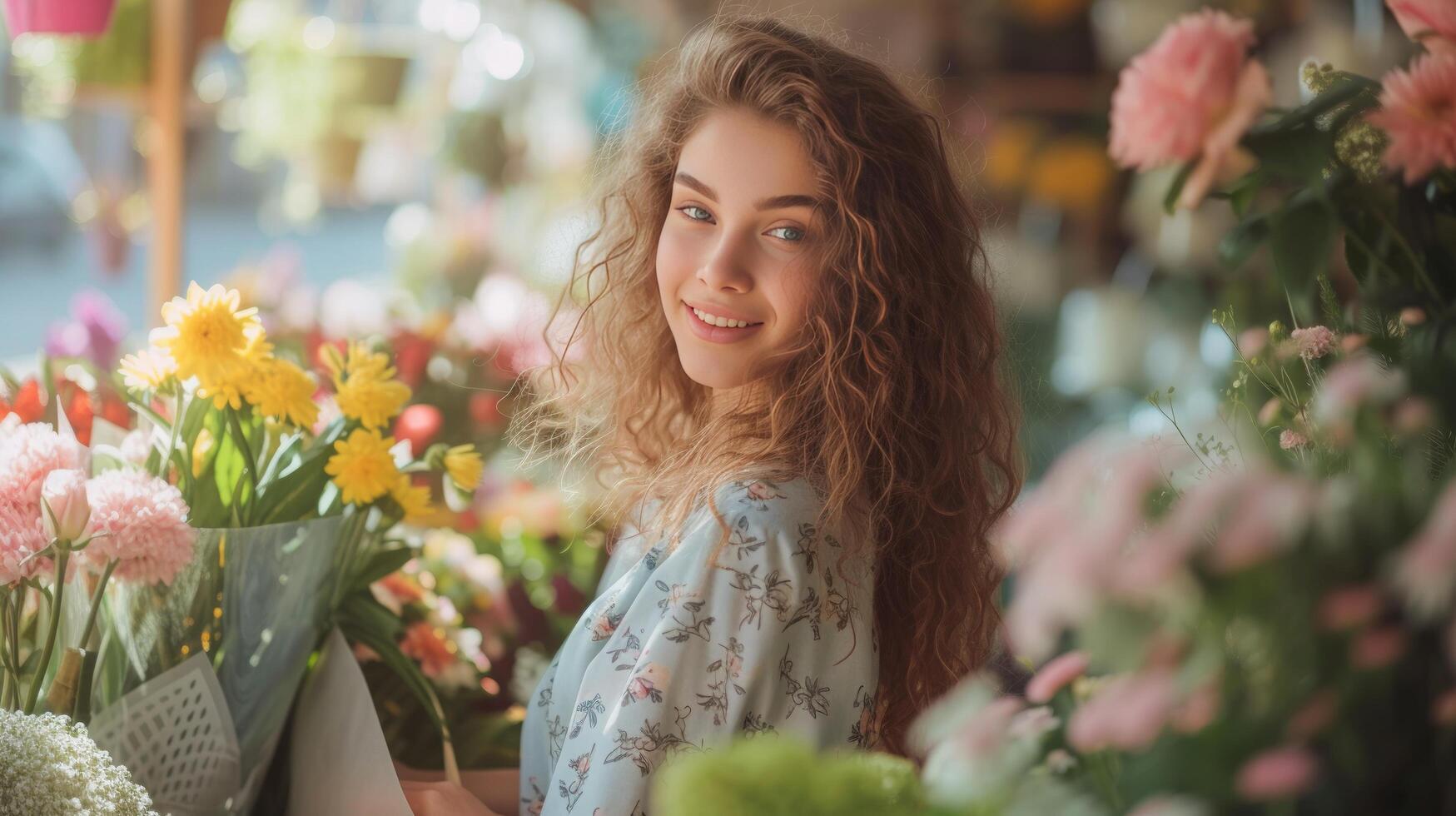 AI generated Curly girl florist collects a beautiful bouquet for the bride in a flower shop on a French street photo
