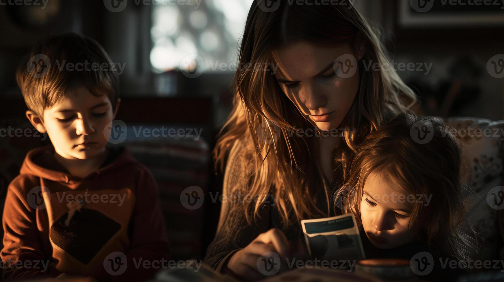 AI generated Stress single mom and empty wallet with two children solo parenting. photo
