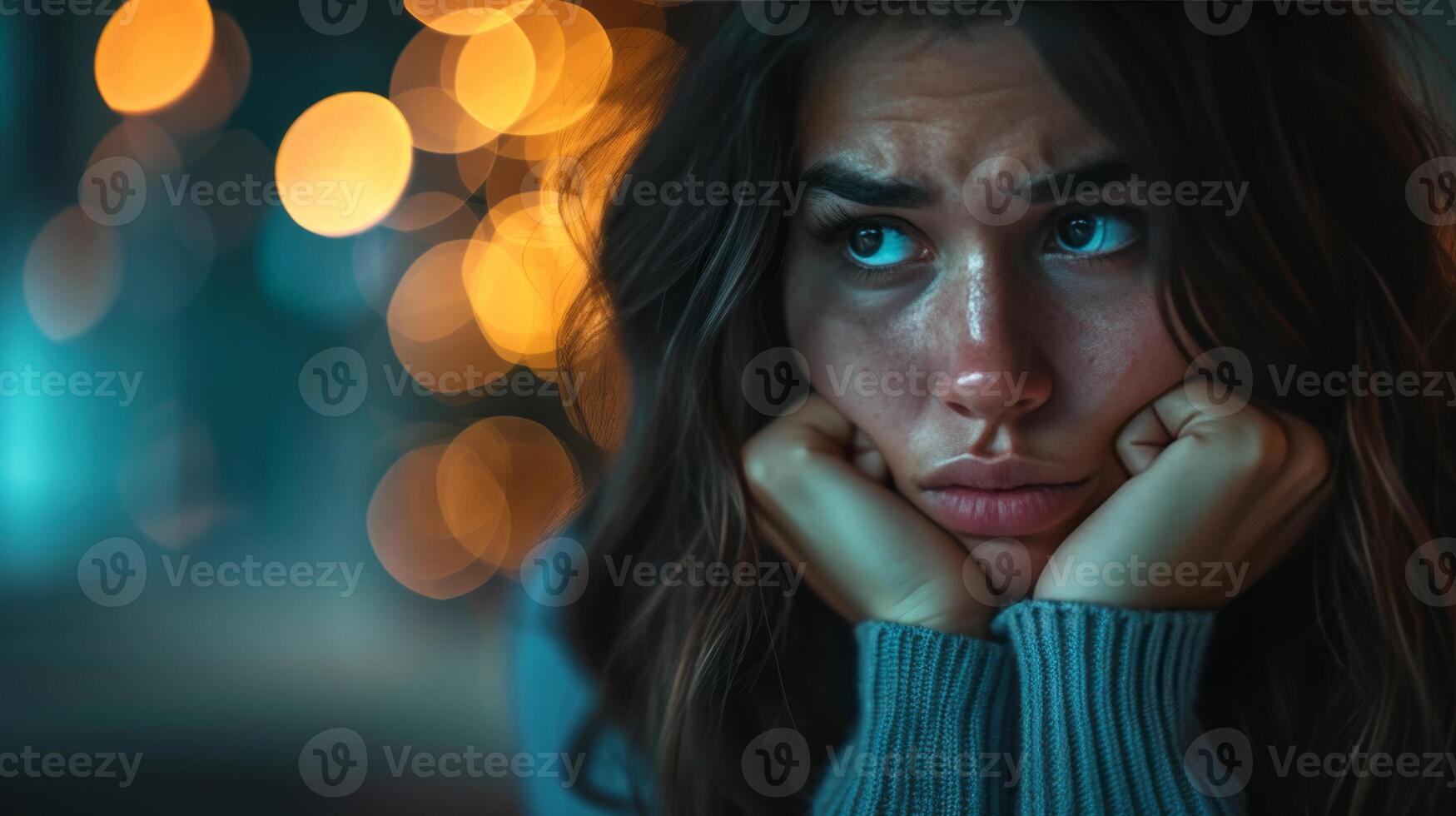 AI generated women with anxiety face and bokeh lights in the background. photo
