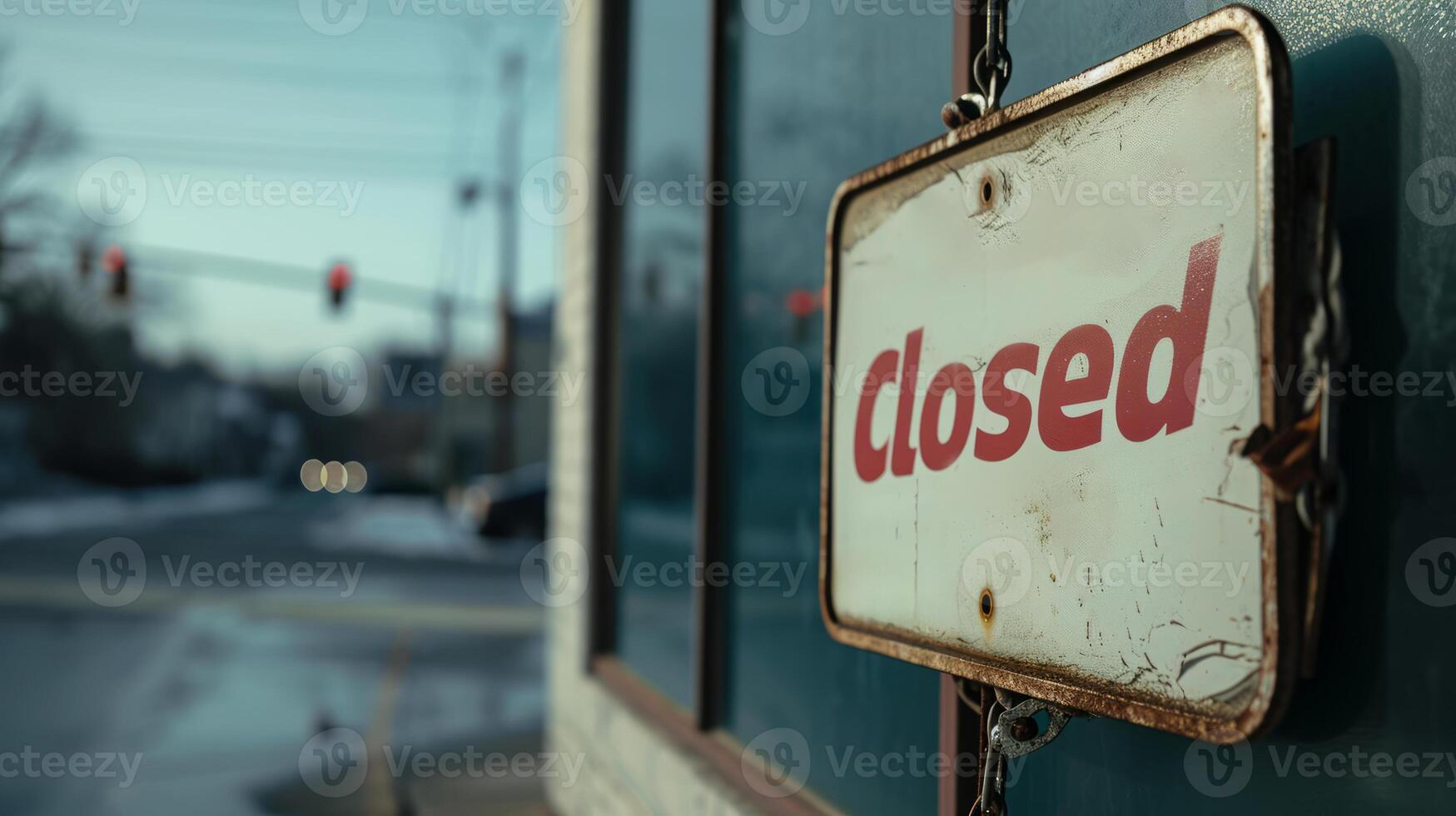 AI generated closed sign hangs on a building a business shutdown with a street and traffic lights in the background. photo