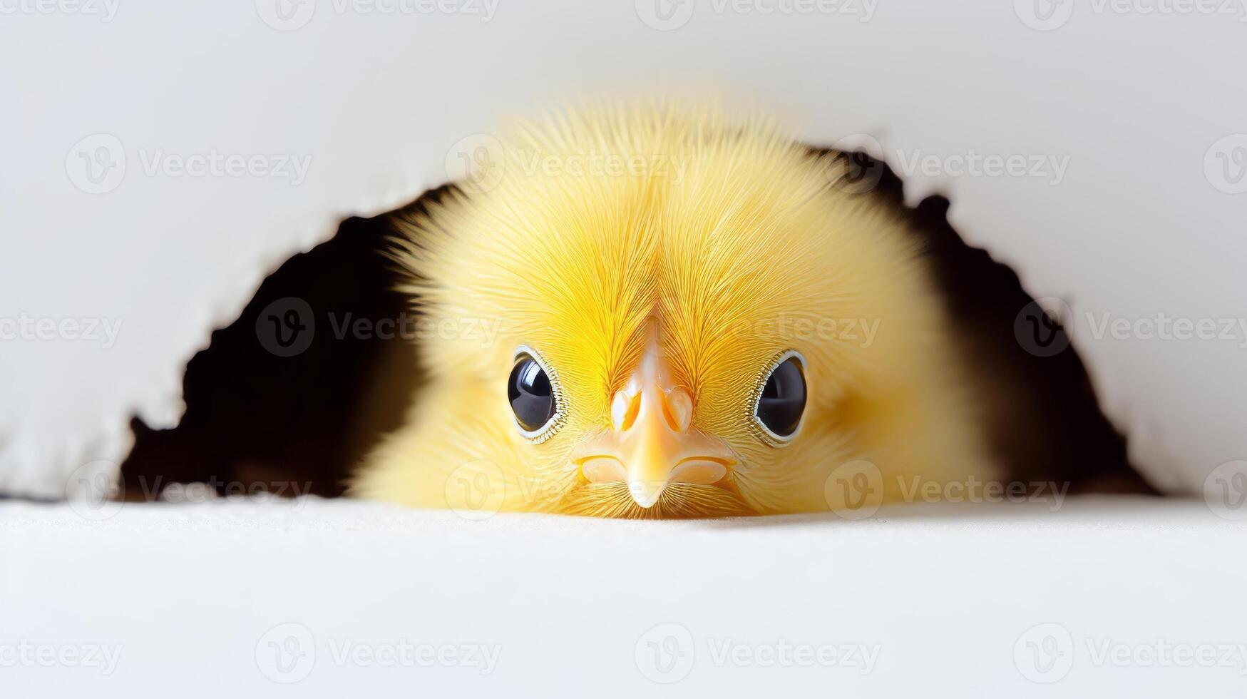 AI generated Animal rights concept close-up of a cute fluffy yellow chick peeking out from a dark space photo