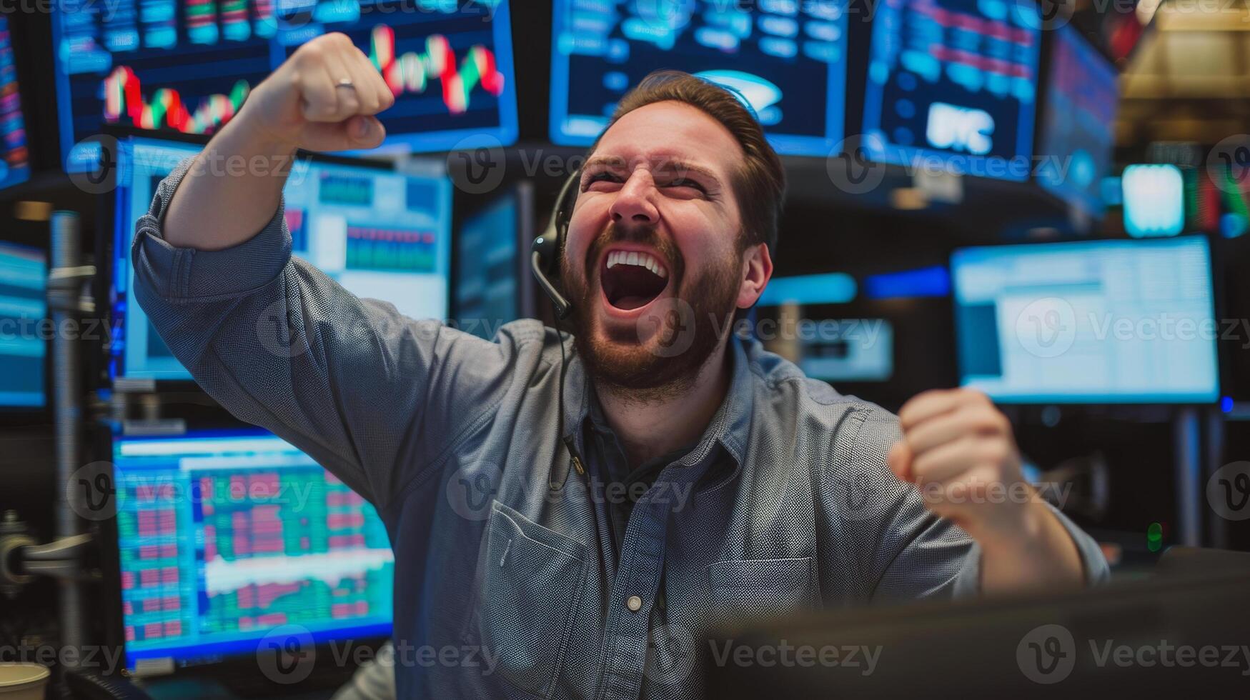 AI generated A Trader Celebrating with a Fist Pump on a  Trading Floor with Monitors Showing Positive Stock Trends photo