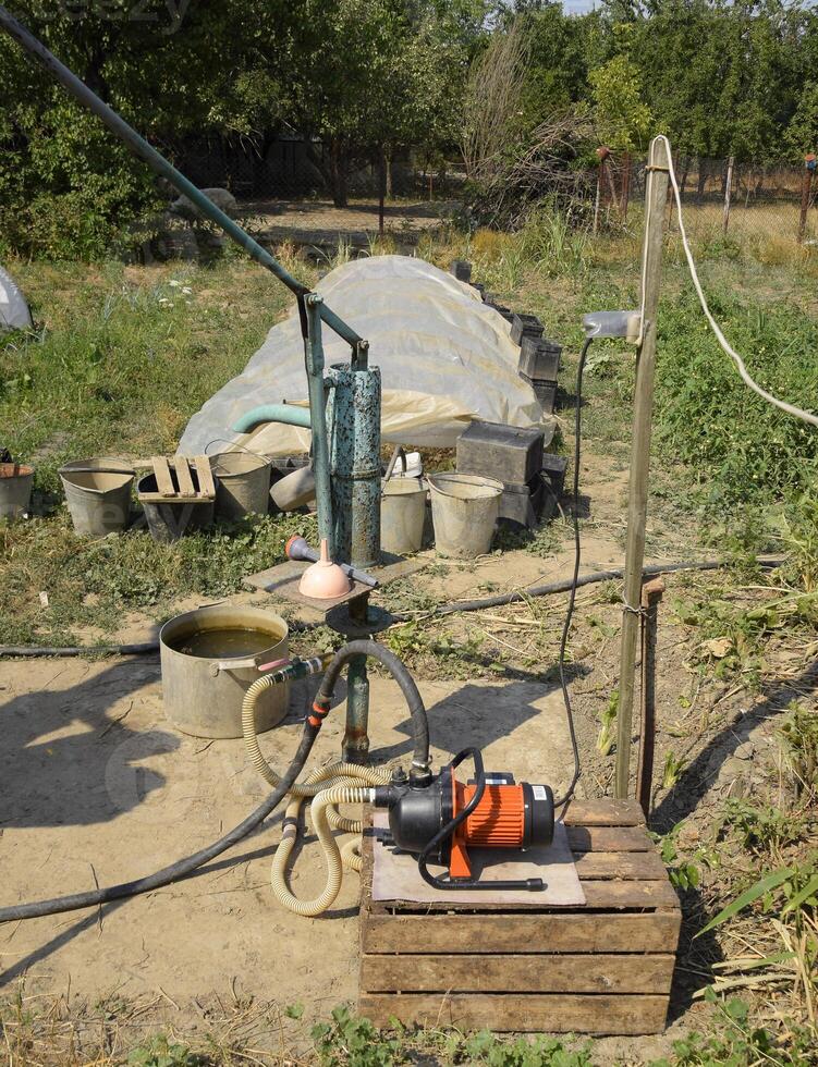Irrigation system in the home garden. Well with manual and automatic pump. photo