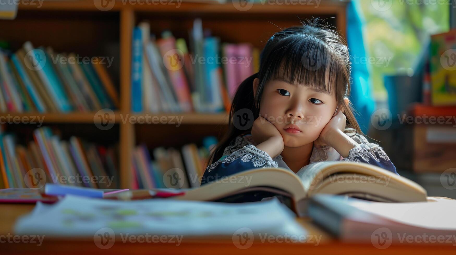 AI generated girl learning a new language at a school surrounded by books photo