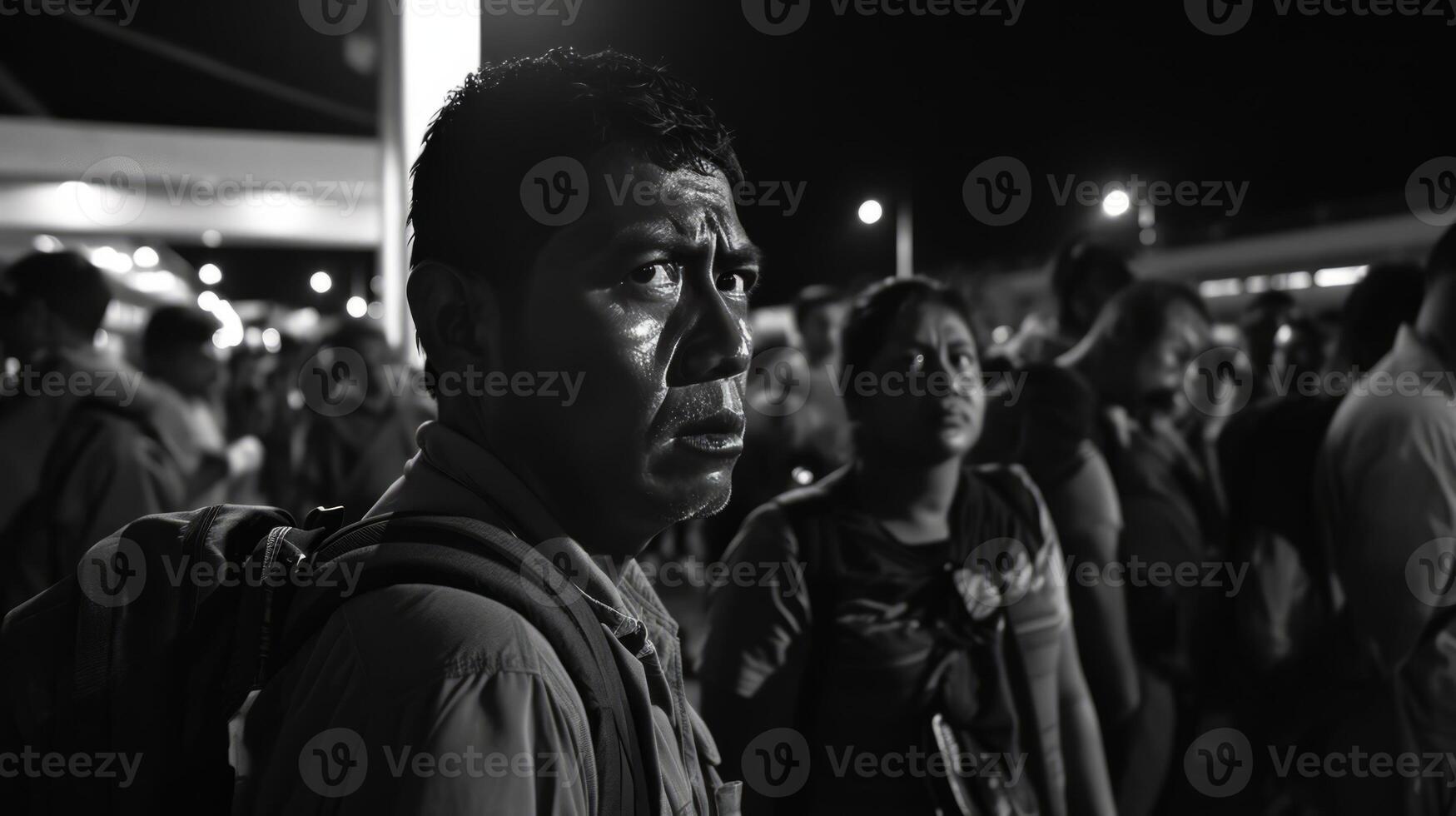 AI generated group of immigrants waiting at a crowded border checkpoint with anxiety photo