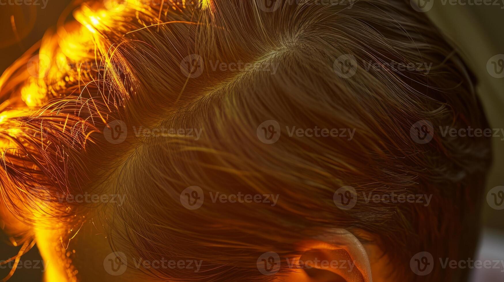 AI generated A close-up of a man head hair loss hair line with warm golden light. photo