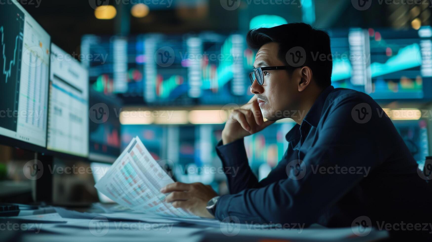 AI generated An Investor Looking Over Financial Reports and Market Analysis with Paperwork and Computer Monitors. photo