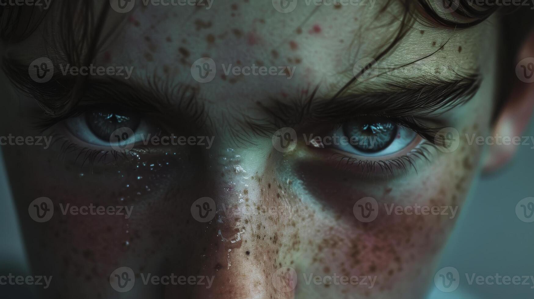 AI generated close up of a teenage europe man Freckled face blue eye stare at camera dark tone photo