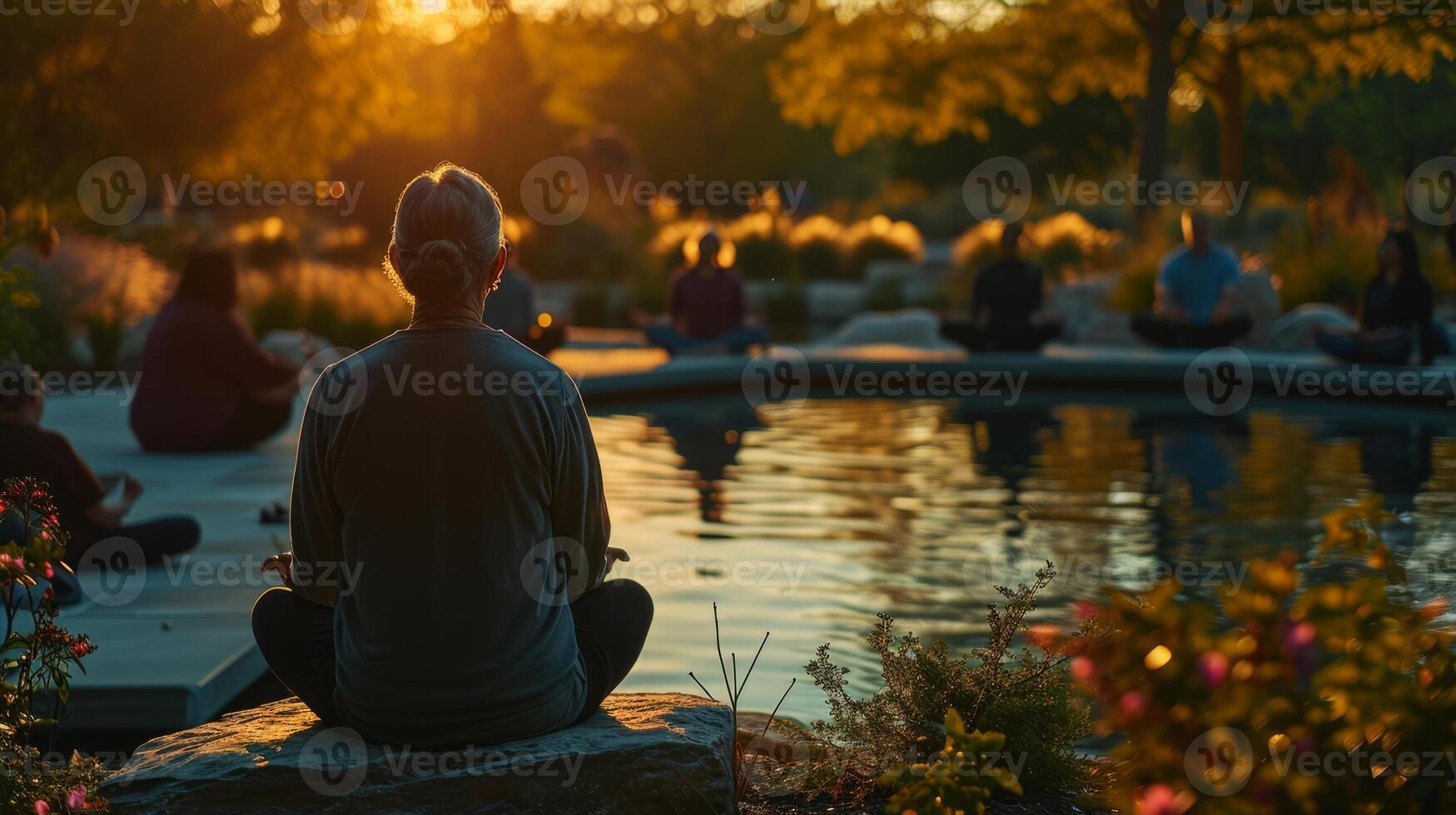 AI generated life long learning group of elderly meditation together near a pond at sunset, surrounded by nature photo