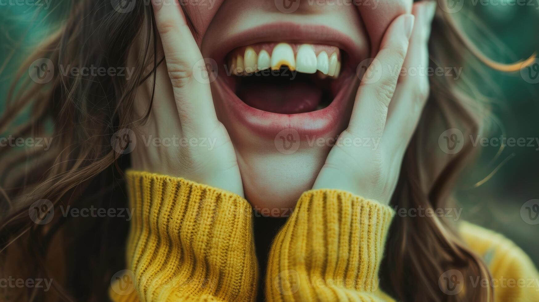 AI generated Dental Care a yellow teeth woman avoiding smiling laughing in public photo