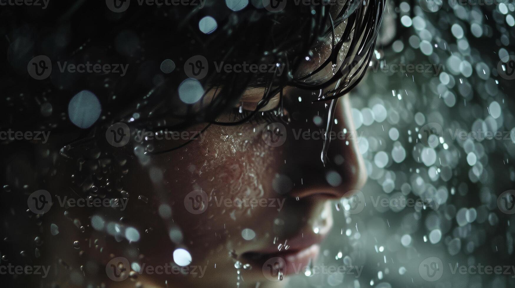 AI generated close up of woman standing in the rain experience mental illness photo