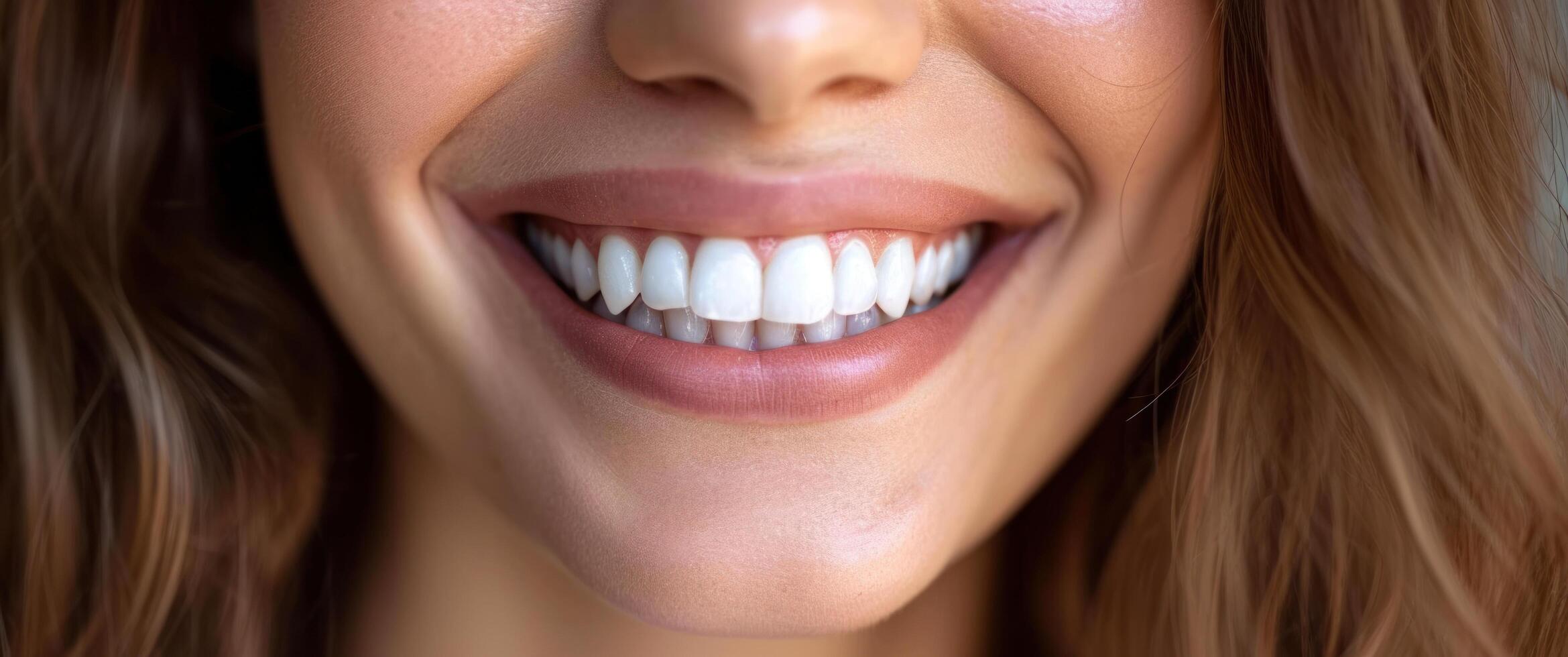 AI generated woman smiling with a white smile in the background photo