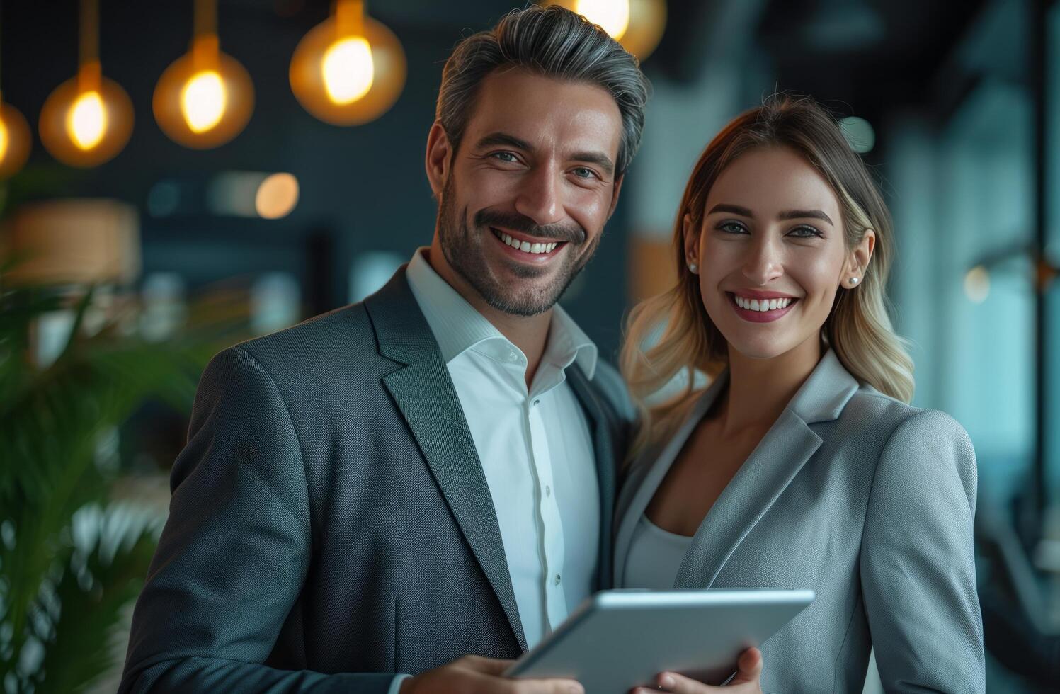 AI generated a couple of happy business people holding a tablet computer photo