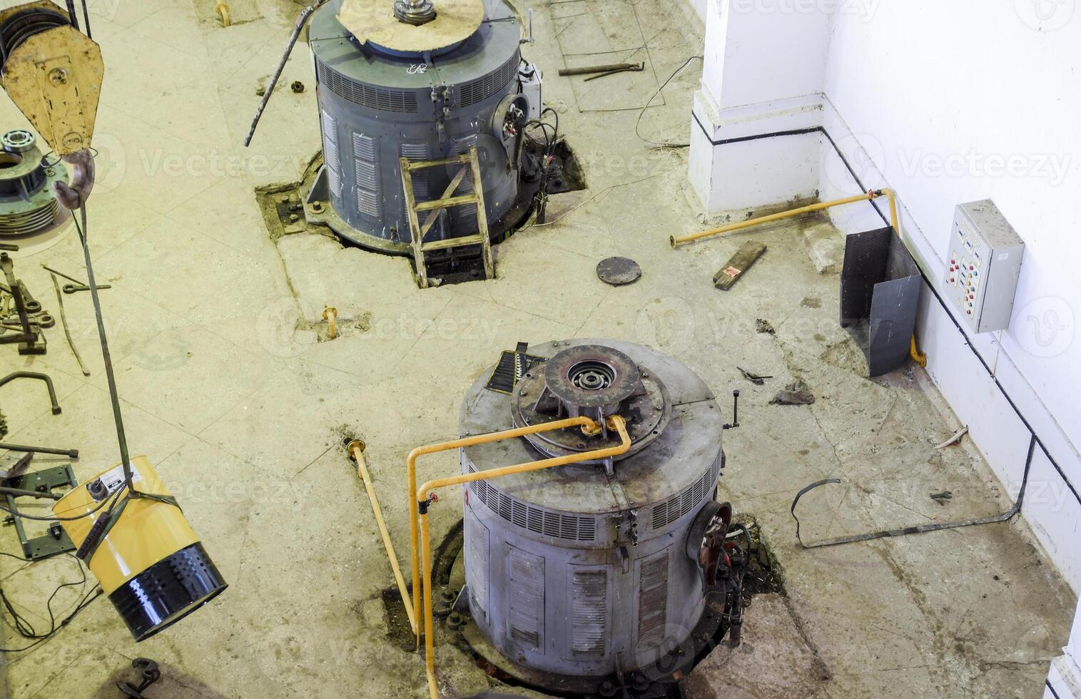 Engines of water pumps at a water pumping station. Pumping irrig photo