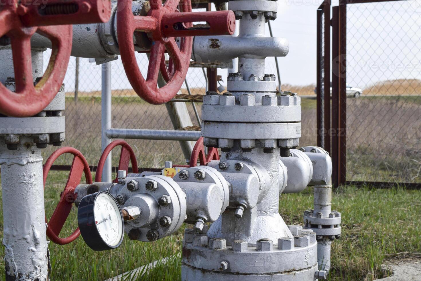 Shut-off valves on the high-pressure well flowing equipment. Oil equipment photo
