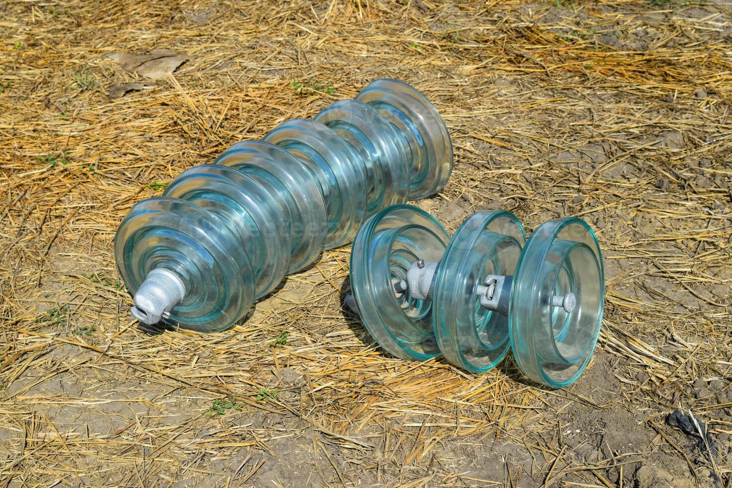 High-voltage insulators of glass insulators. Installation of high-voltage power lines photo