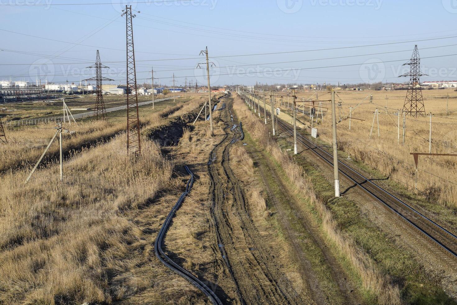 Plot railway. Top view on the rails. High-voltage power lines for electric trains photo